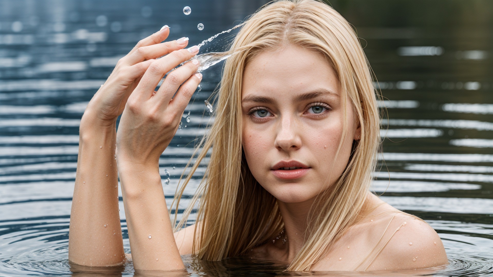 Young Woman in Calm Water with Natural Lighting