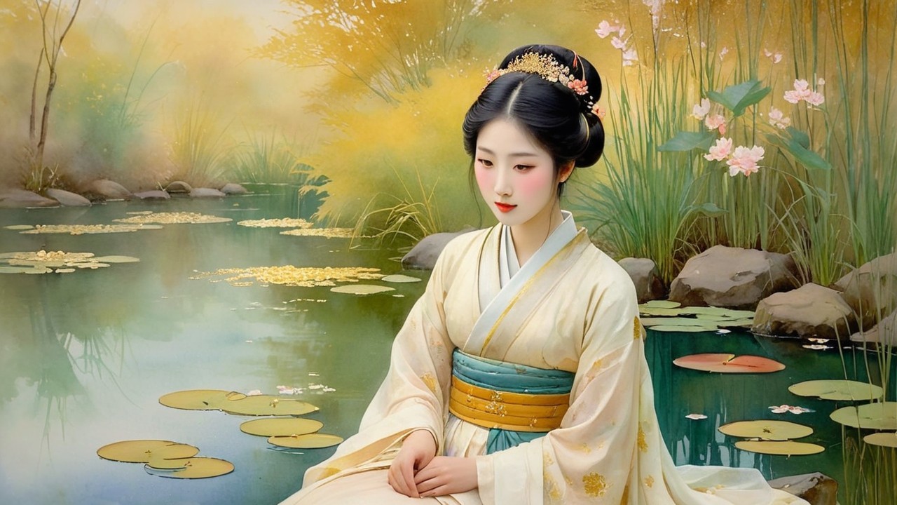 Young Woman in Traditional Attire by Tranquil Pond