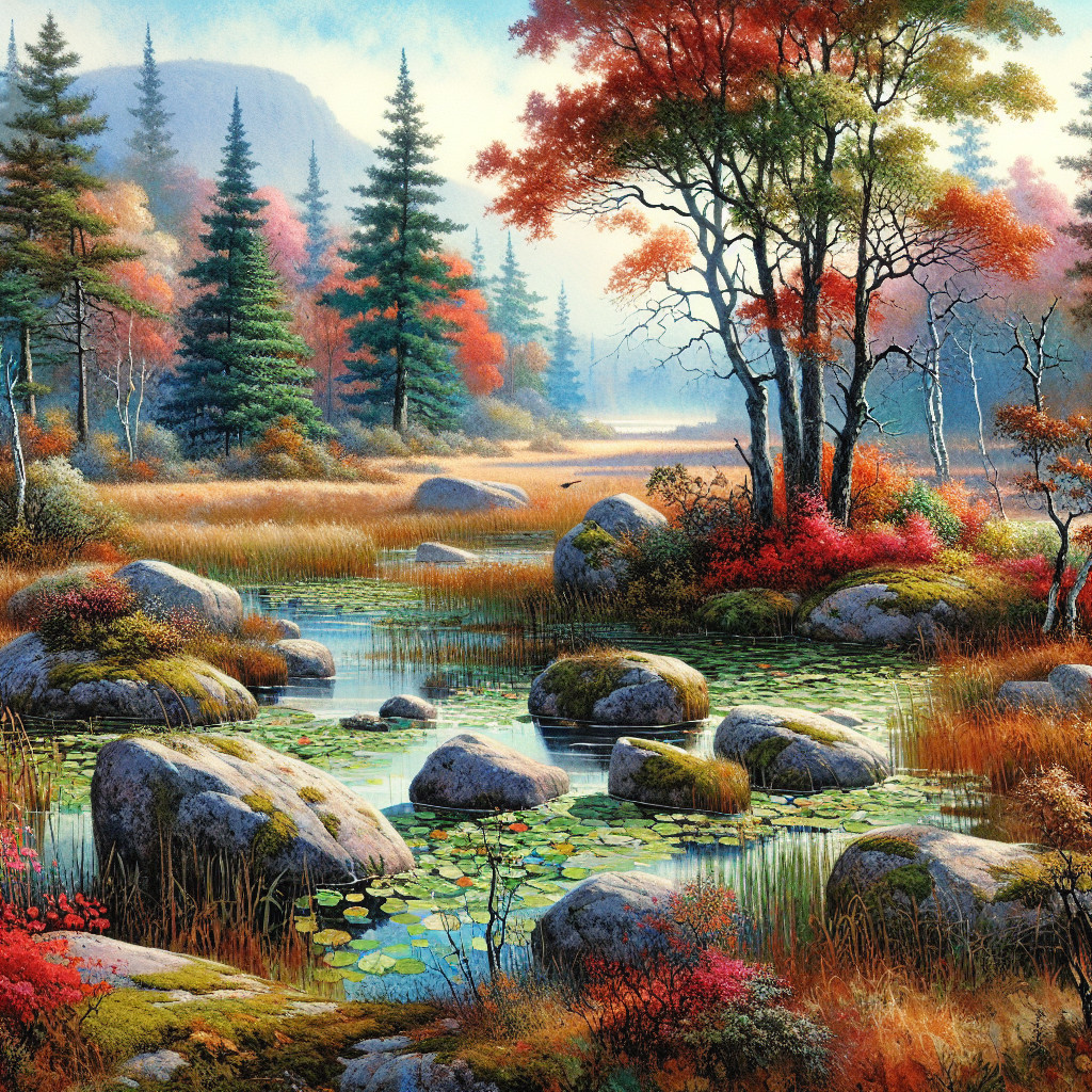 Serene Autumn Landscape with Tranquil Pond and Foliage