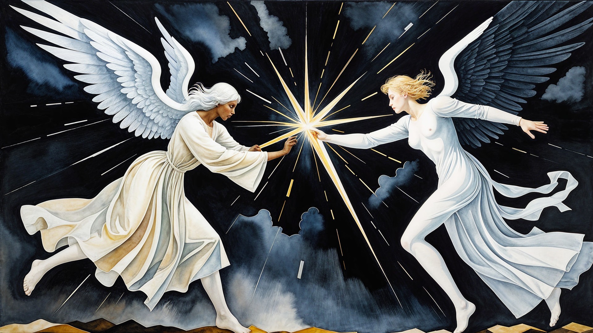 Angels Connecting with Light in Dramatic Sky