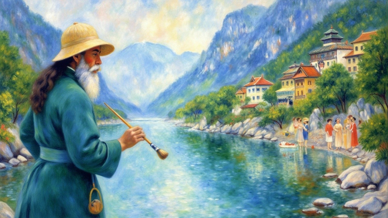 Serene Landscape with Elderly Man by Calm River
