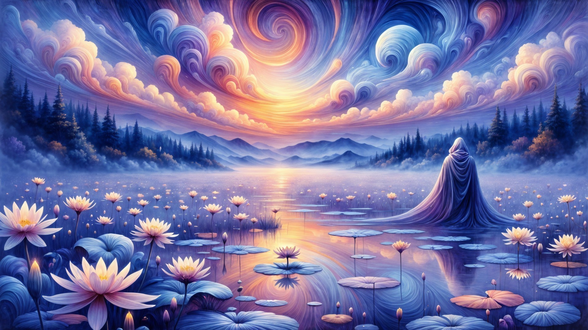 Mystical Figure at Vibrant Sunset Over Serene Water