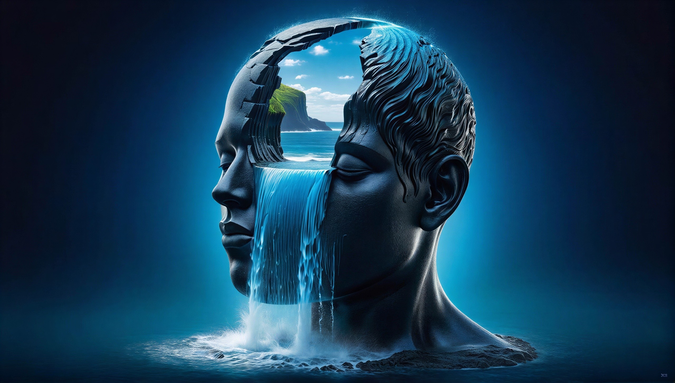 Realistic Obsidian Head with Island Landscape Inside