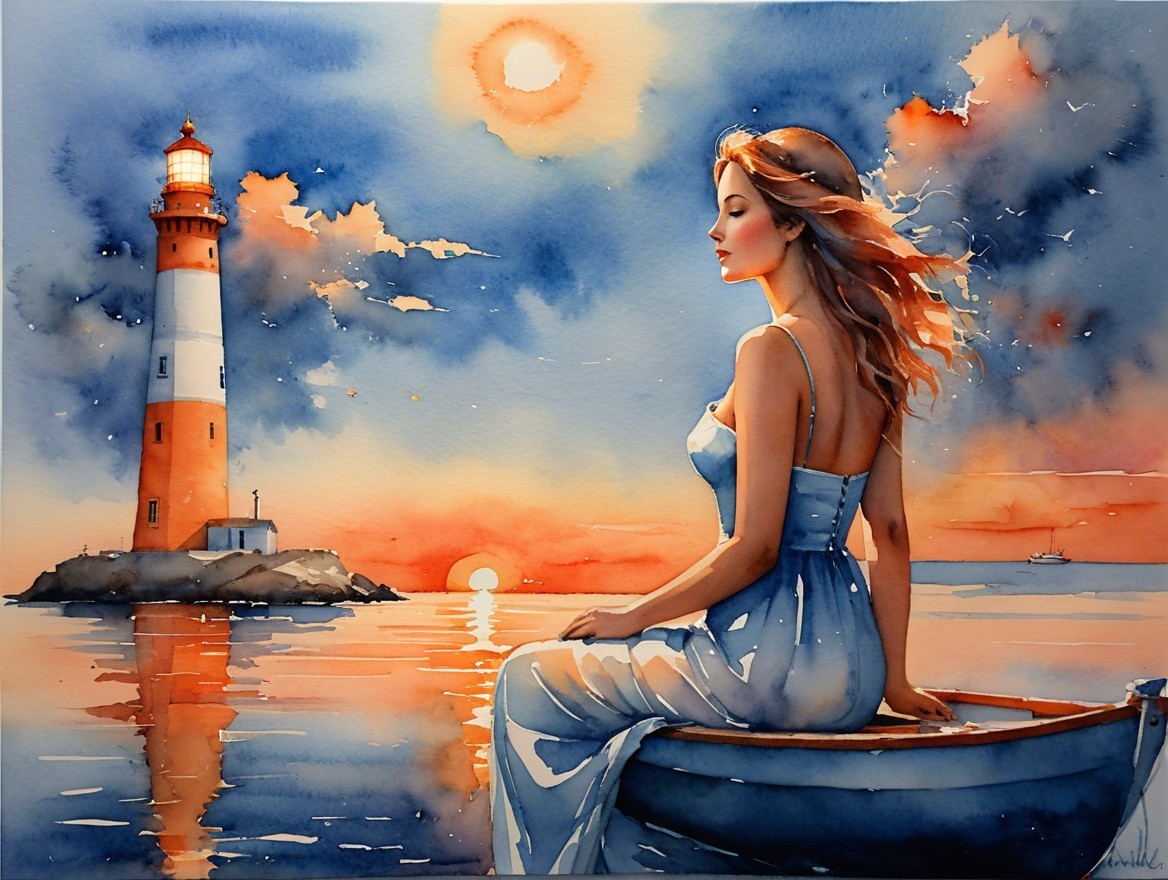 Watercolor Scene of Woman in Boat at Sunset