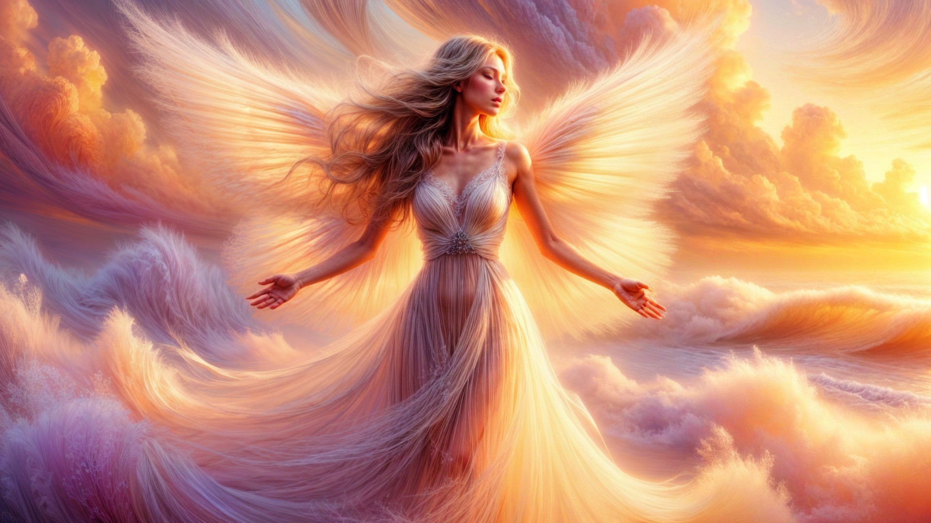 Serene Figure in Ethereal Gown Amidst Clouds and Waves