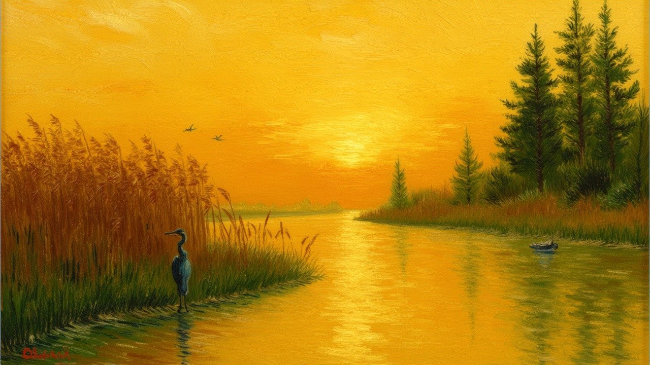 Tranquil Sunset Over Serene River with Wildlife