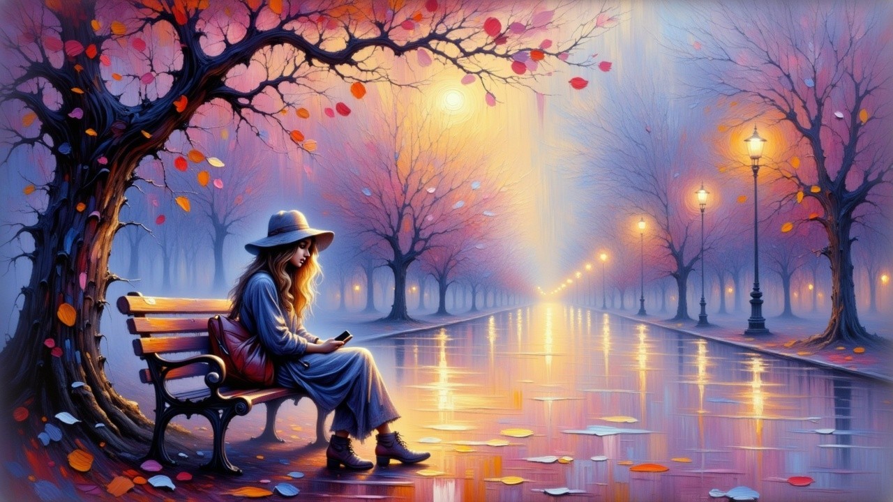 Autumn Scene with Woman on Park Bench and Trees