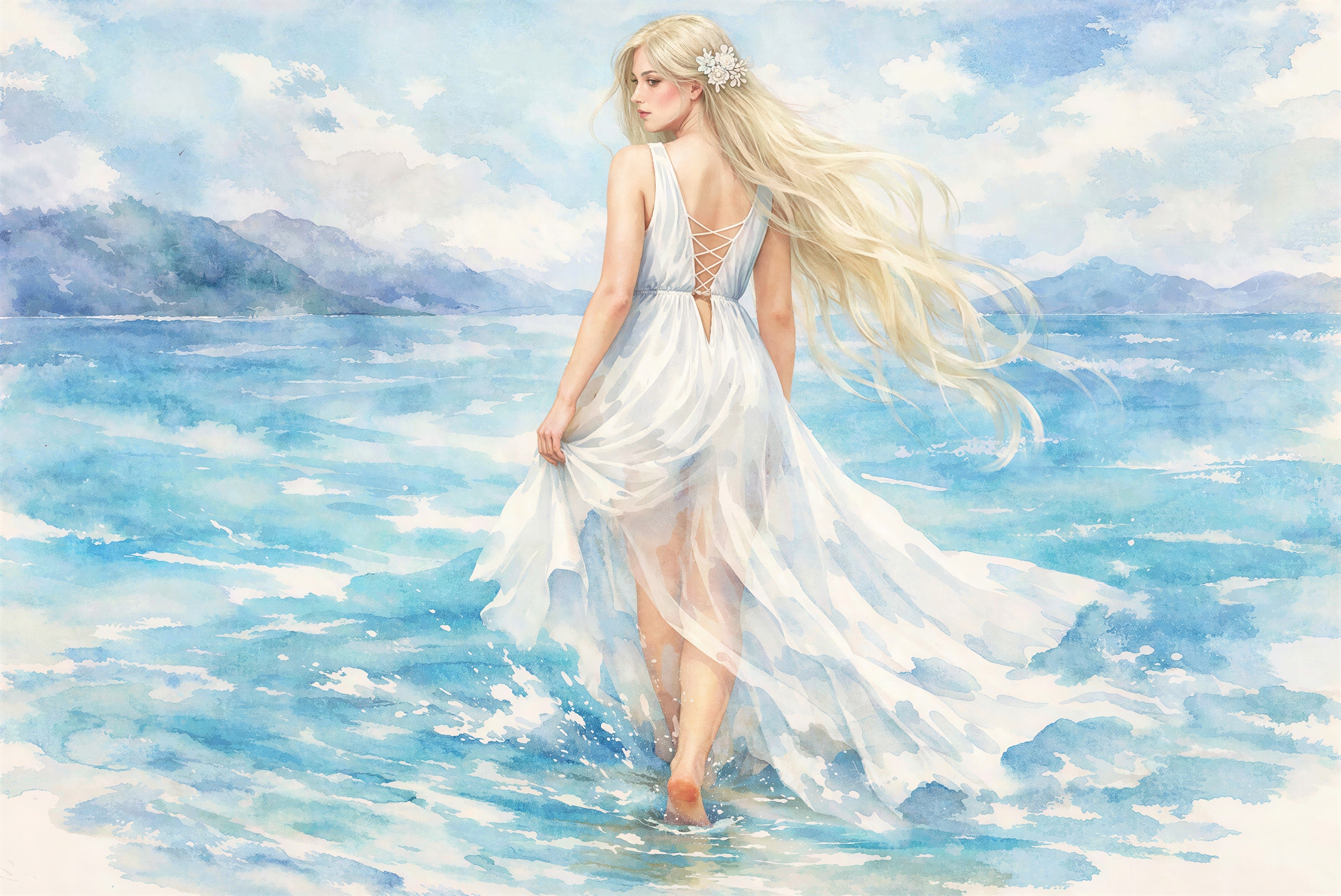 Watercolor Painting of Woman in Ocean with Mountains