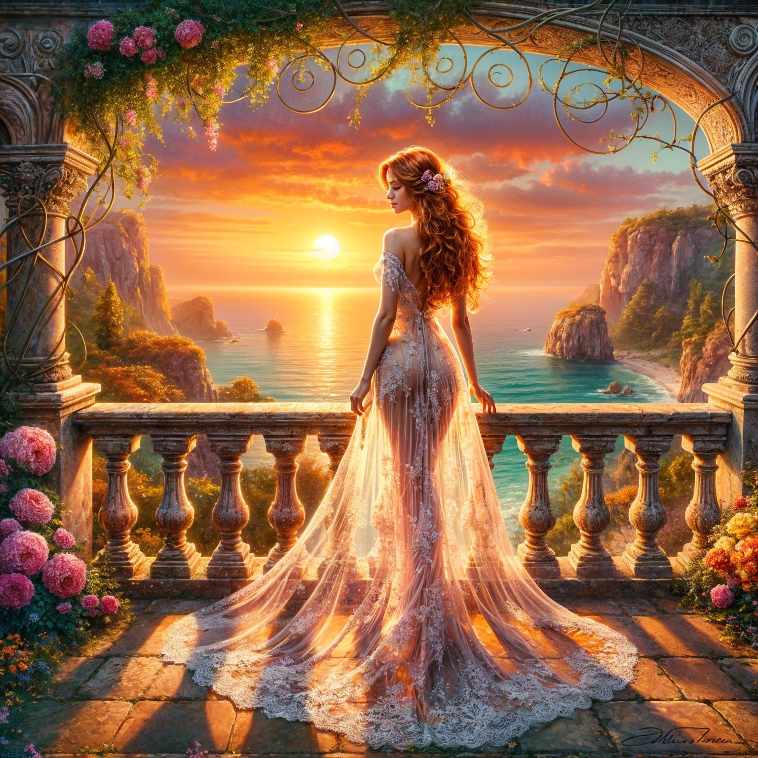Woman in Lace Gown on Balcony at Sunset