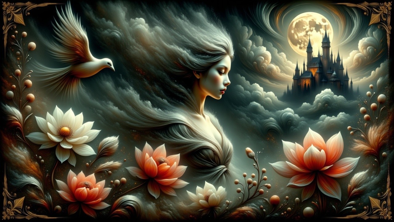 Mystical Woman in Clouds with Lotus Flowers and Castle