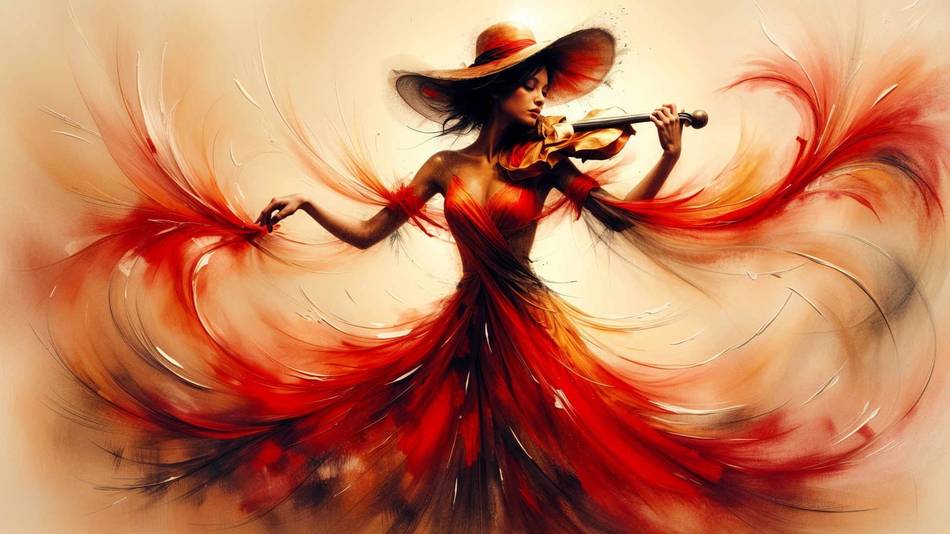Figure in Red Dress Playing Violin Surrounded by Color