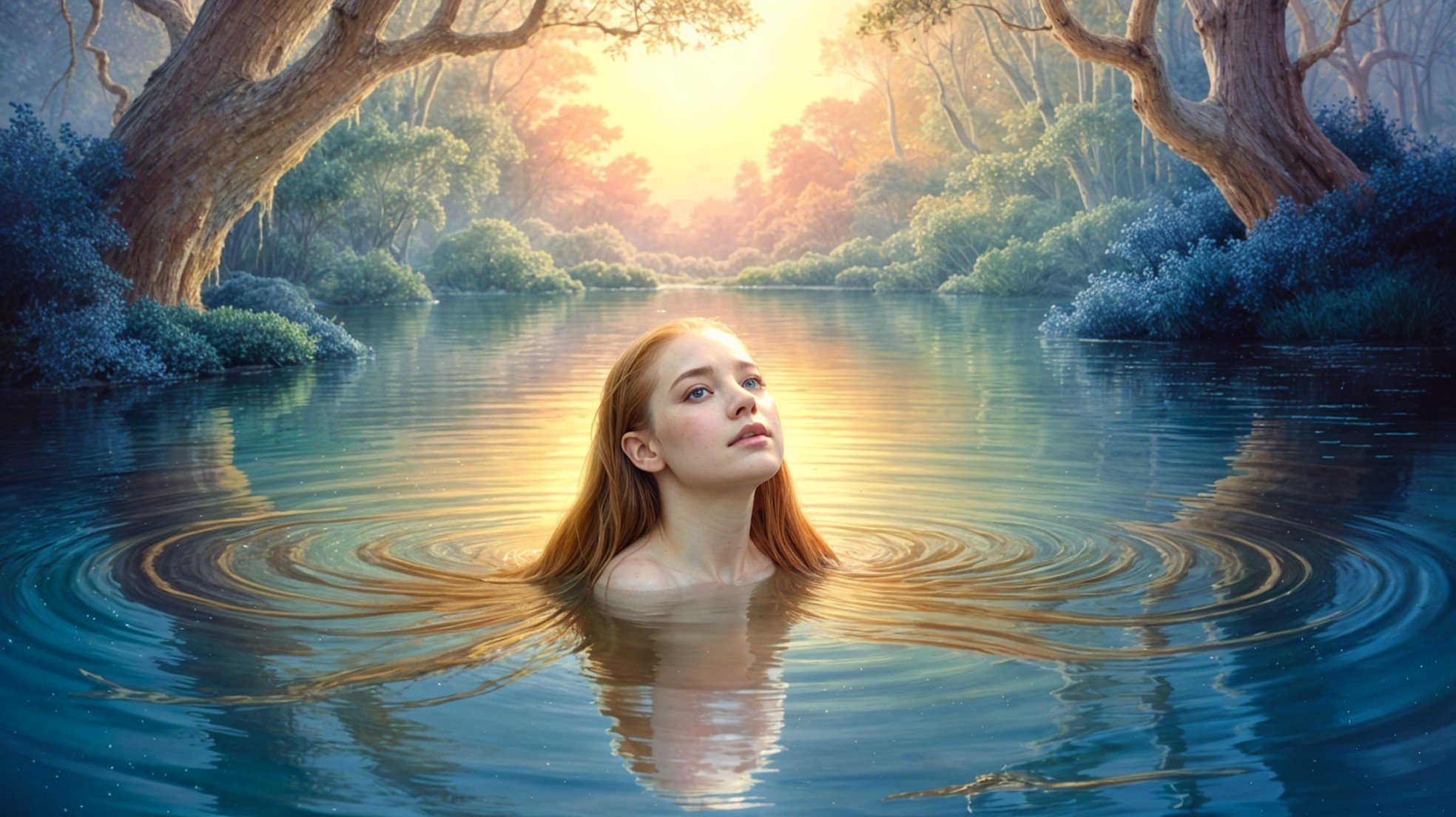 Tranquil River Scene with Young Woman at Sunset