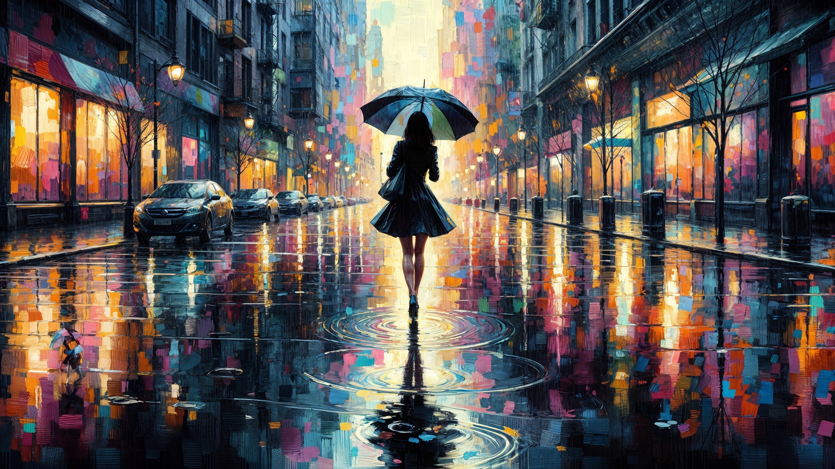 Woman in Black Dress Walking on Rainy Street