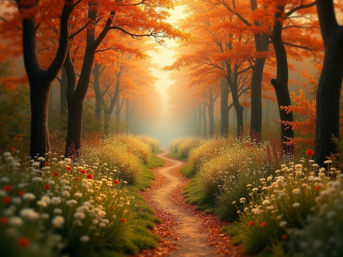 Serene forest path with autumn foliage and flowers