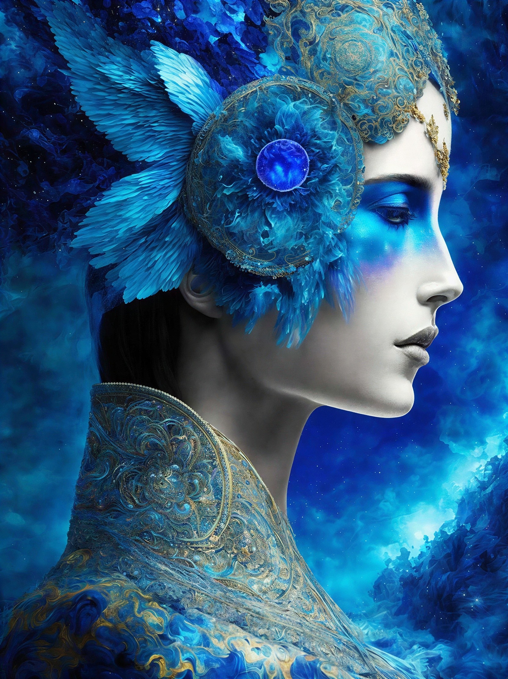 Fantastical Portrait of a Woman with Blue Headdress