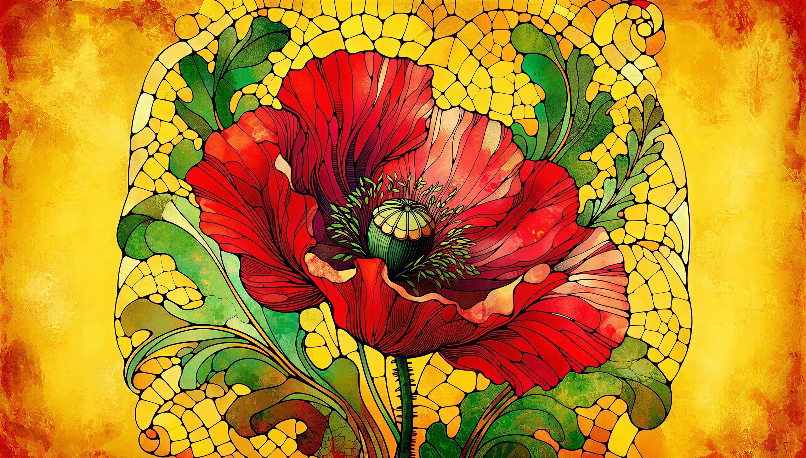Bright Red Poppy in Stained-Glass Mosaic Style