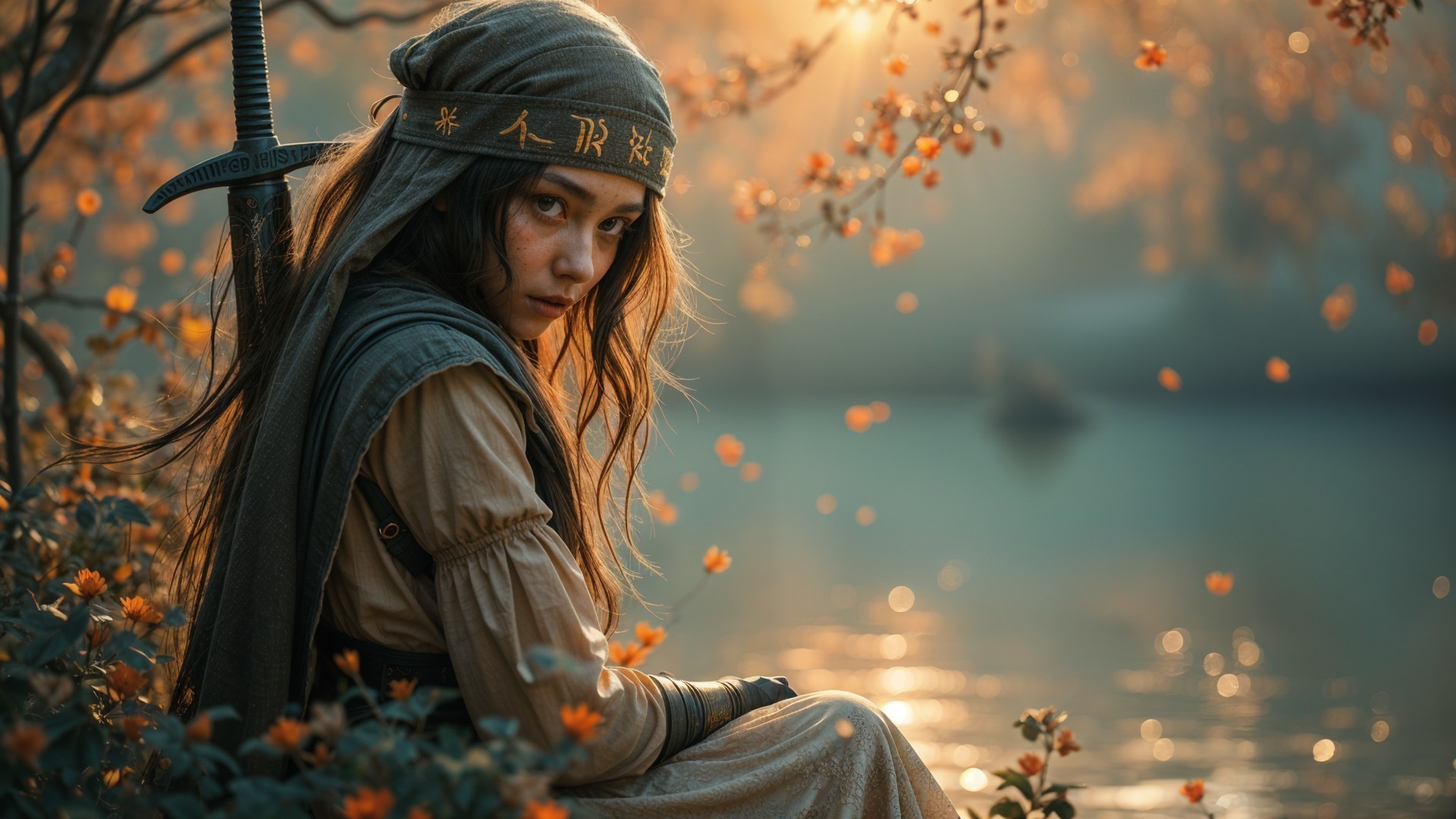 Young Woman by Serene Lake with Flowers and Sword