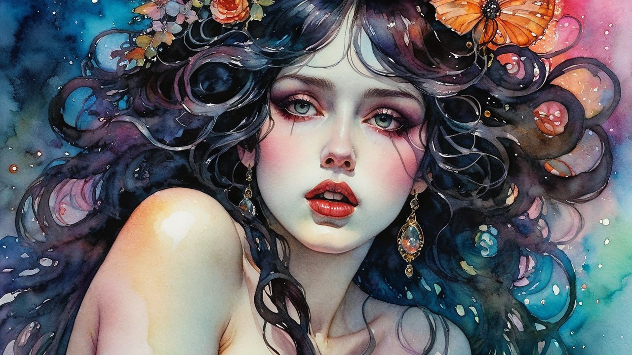 Portrait of a Young Woman with Vivid Colors and Flowers
