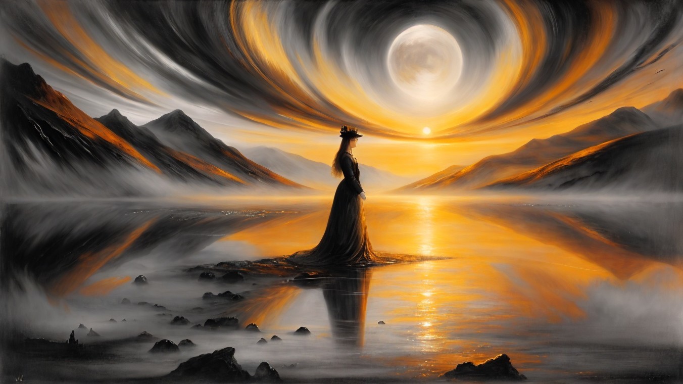 Serene Landscape with Woman at Sunset by a Lake