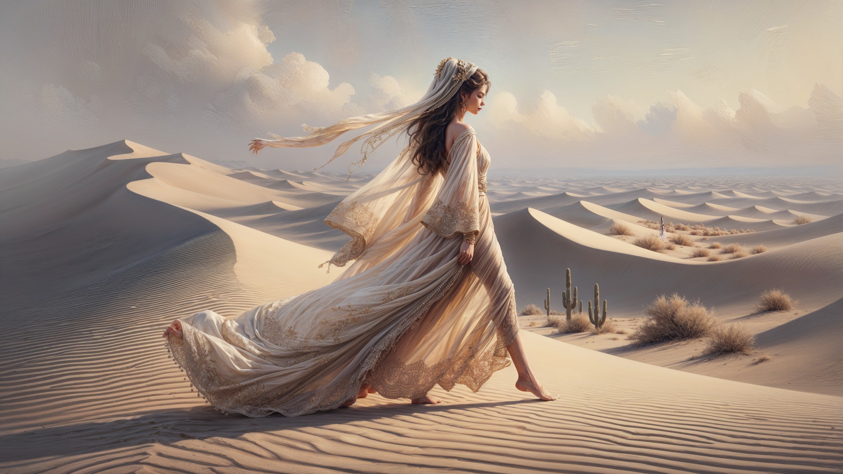 Lone Figure in Ethereal Garments on Golden Sand Dunes