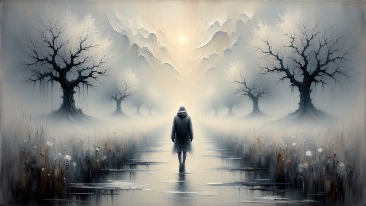 Misty Path with Solitary Figure and Barren Trees