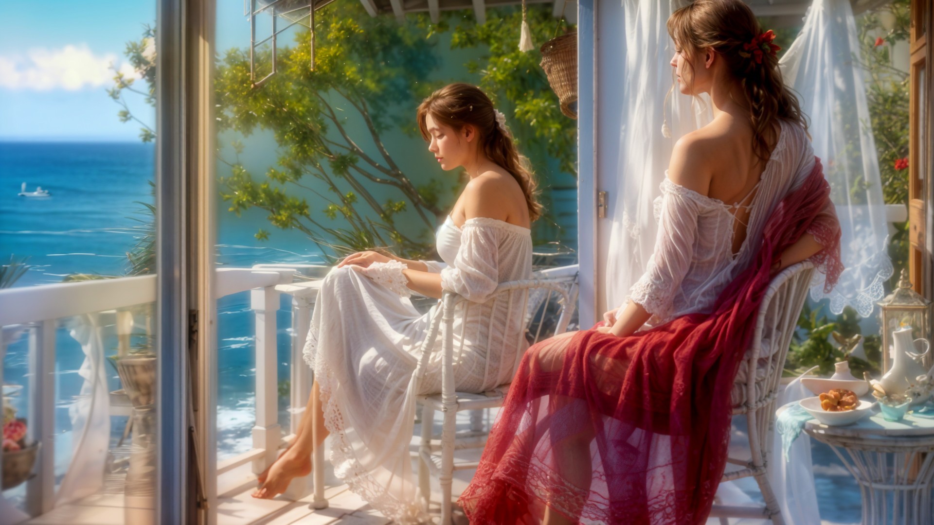 Young women on balcony with ocean view and greenery