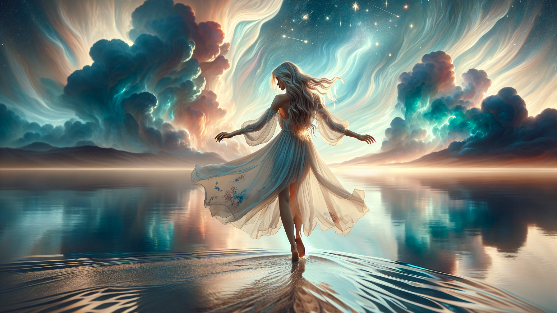 Ethereal Woman Dancing on Water in Digital Painting