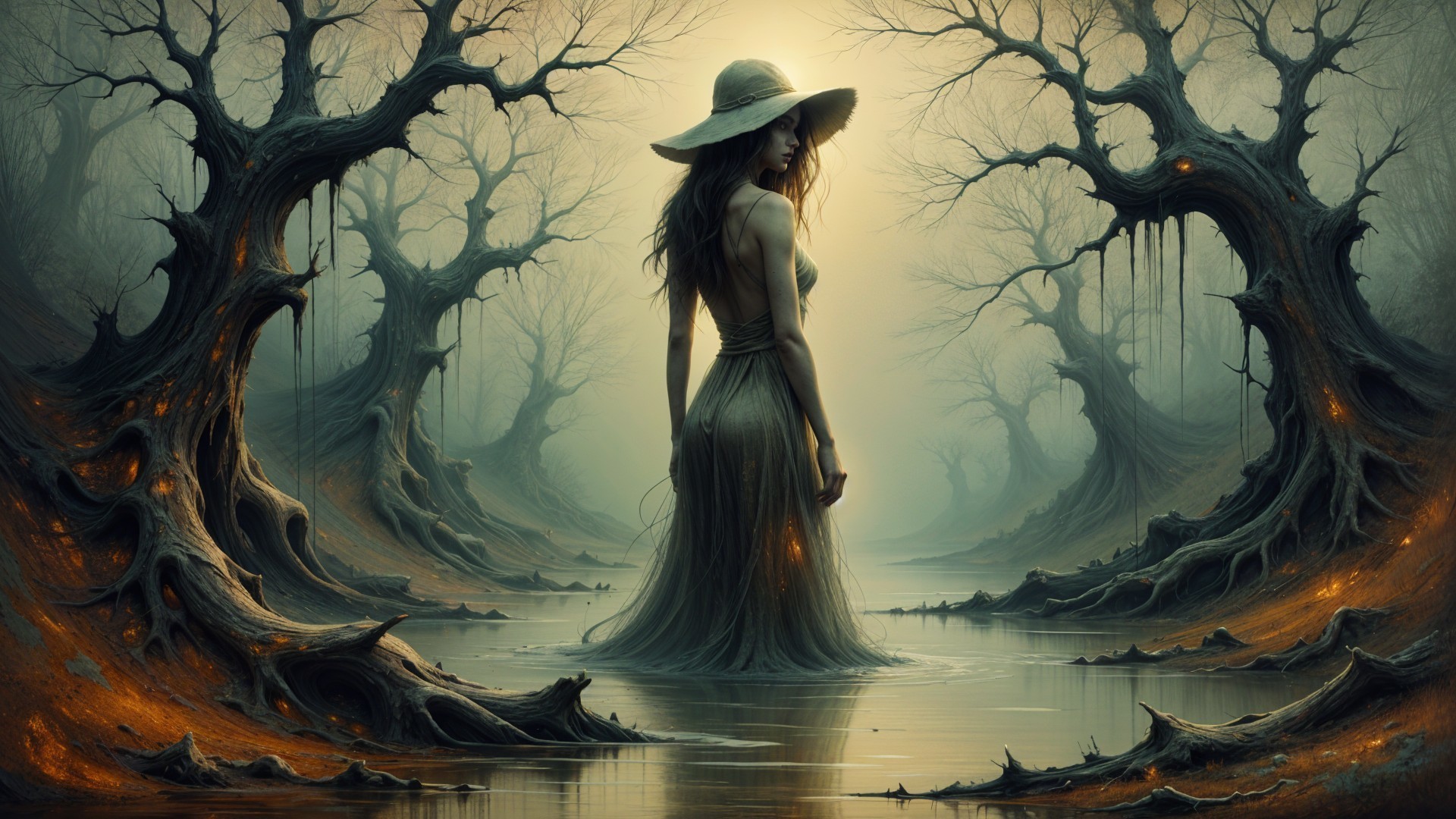 Mysterious Woman in Foggy Ethereal Landscape