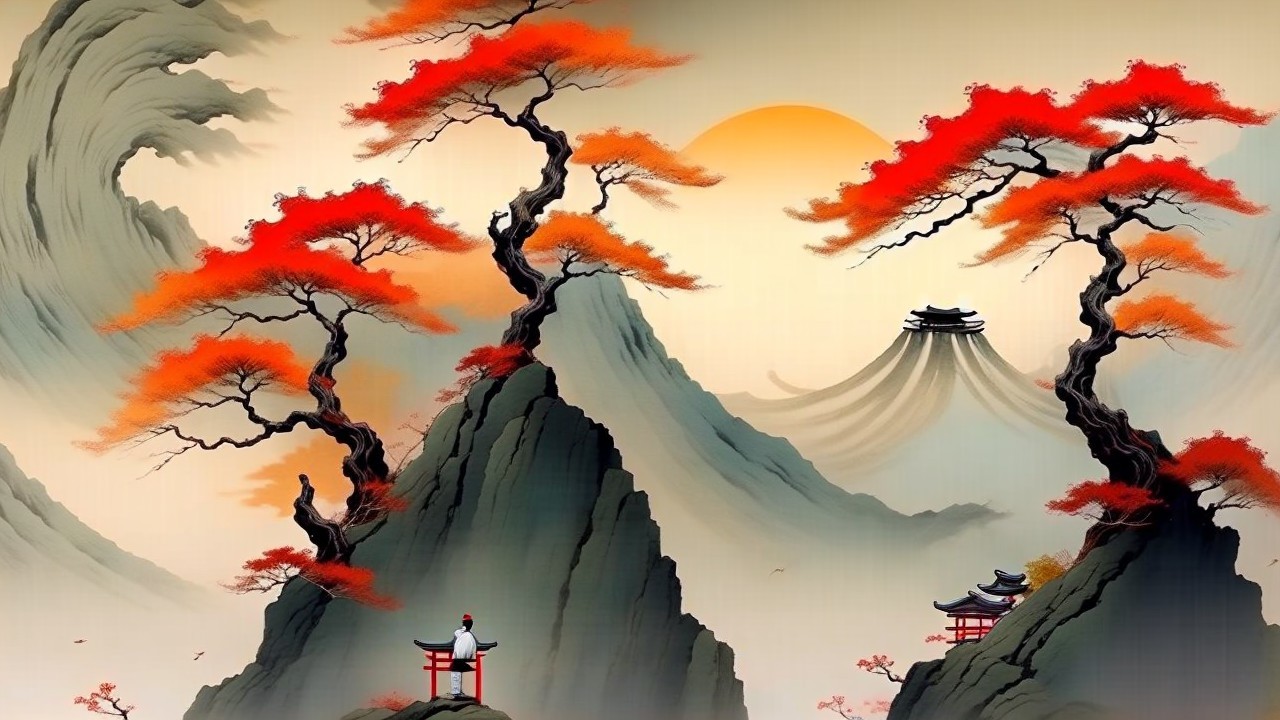 Majestic Mountain Landscape with Pagoda and Trees