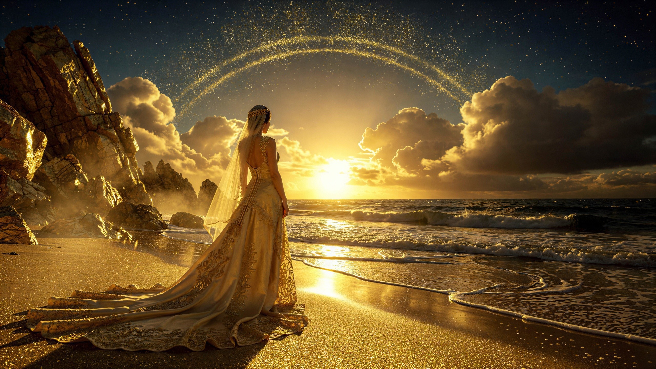 Bride in Gold and White Gown on Sunset Beach