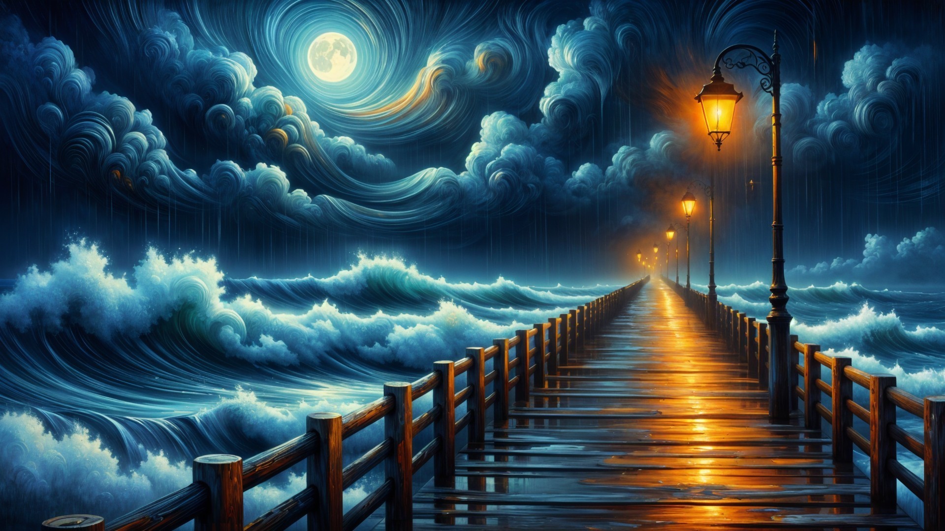 Moonlit Pier Over Churning Waves with Vintage Streetlamps