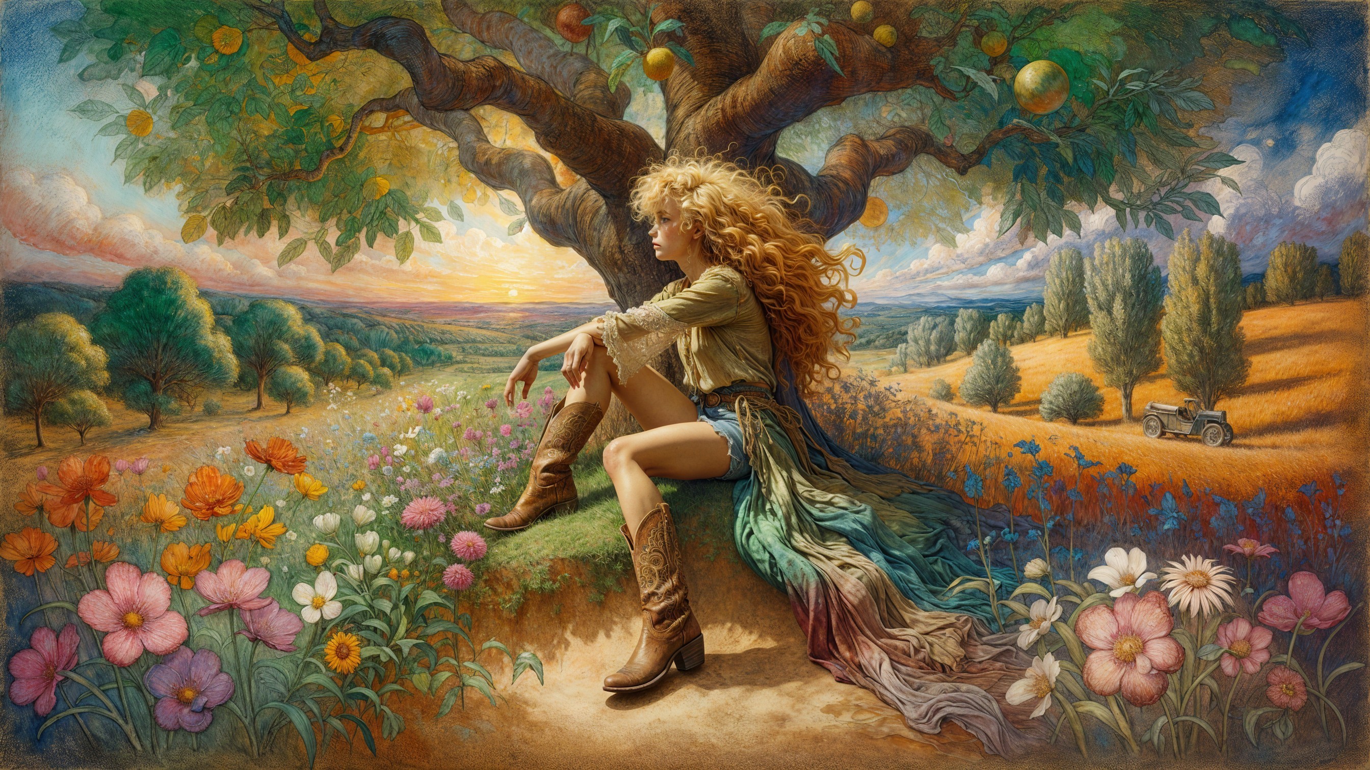 Whimsical Scene of Woman by Fruit-Laden Tree