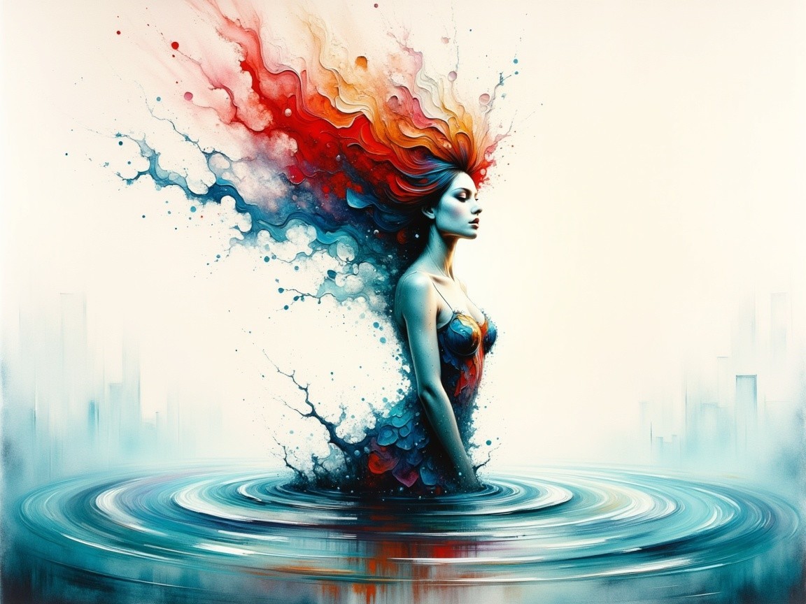 Woman Rising from Water with Fiery Hair Splashes