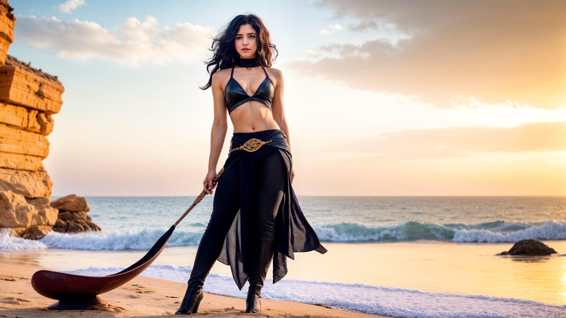 Figure in Black Bikini on Beach at Sunset