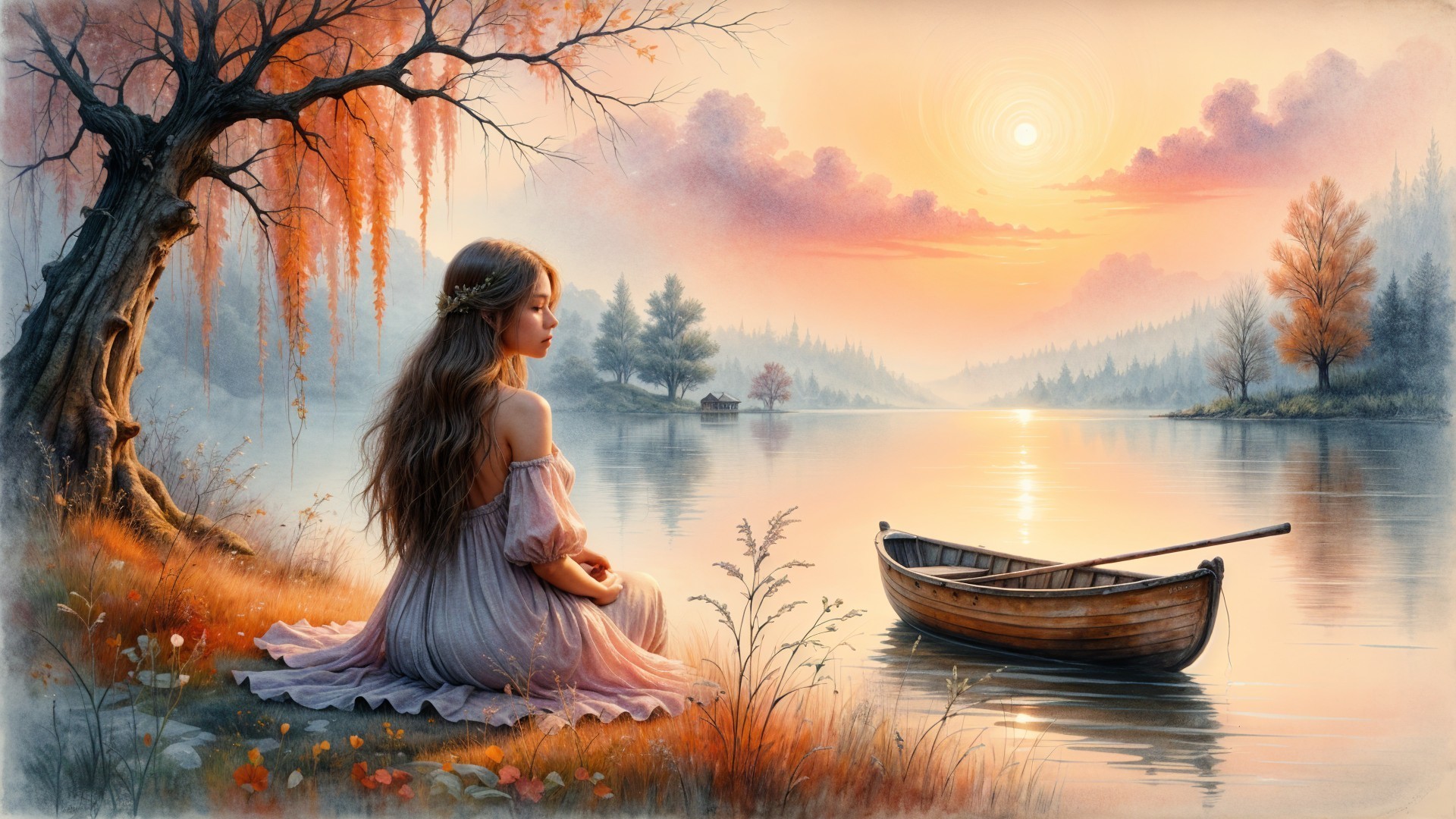 Serene Sunset Landscape with Young Woman by Lake