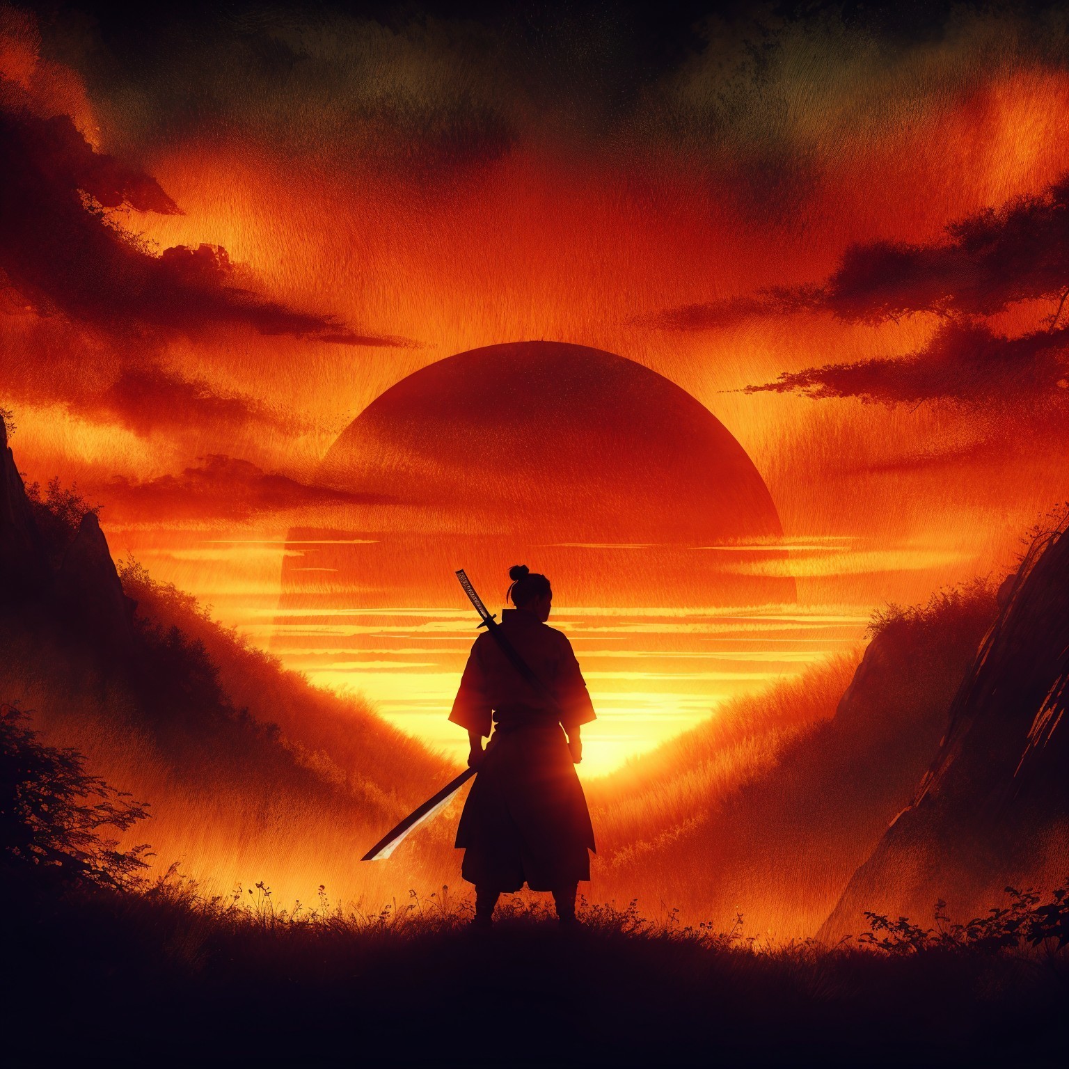 Samurai Silhouette Against Dramatic Sunset Landscape