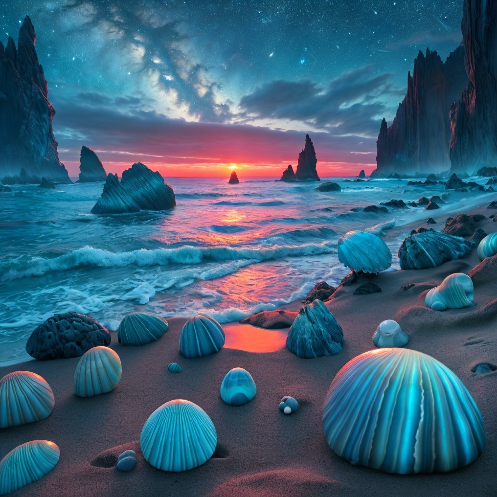 Twilight beach scene with colorful shells, cliffs, and starry sky