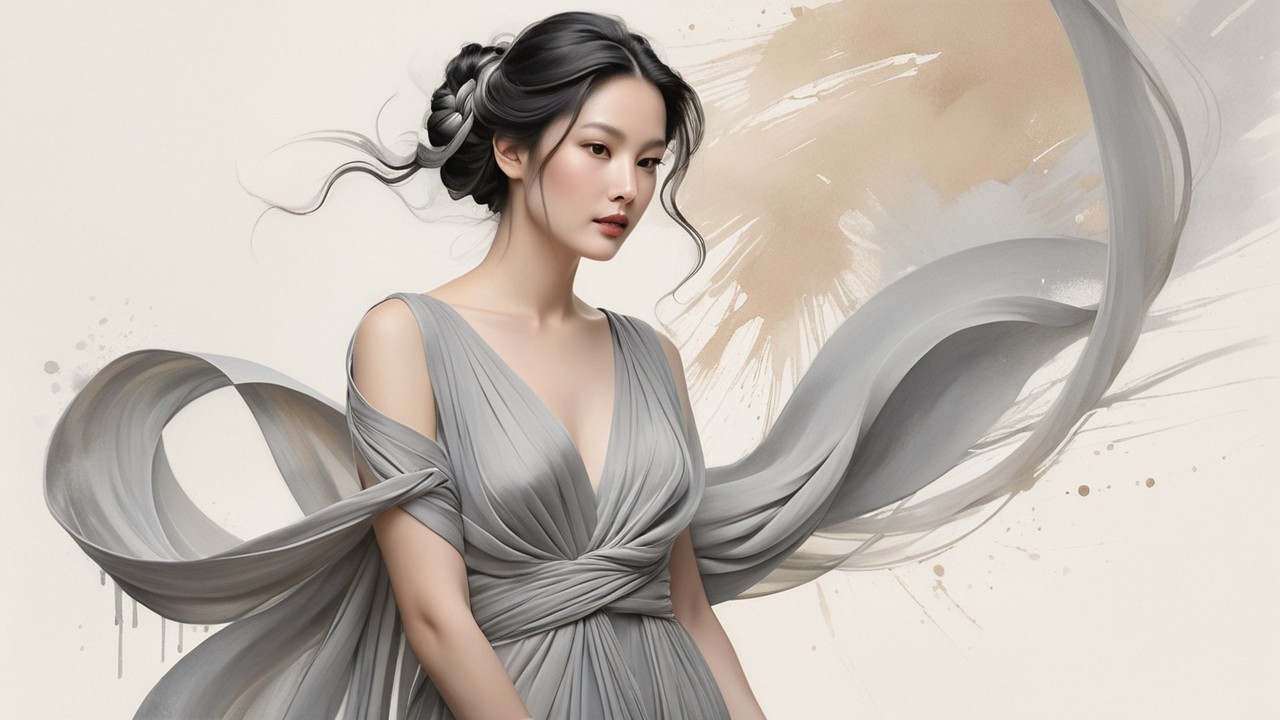 Elegant woman in silver-gray gown with warm tones