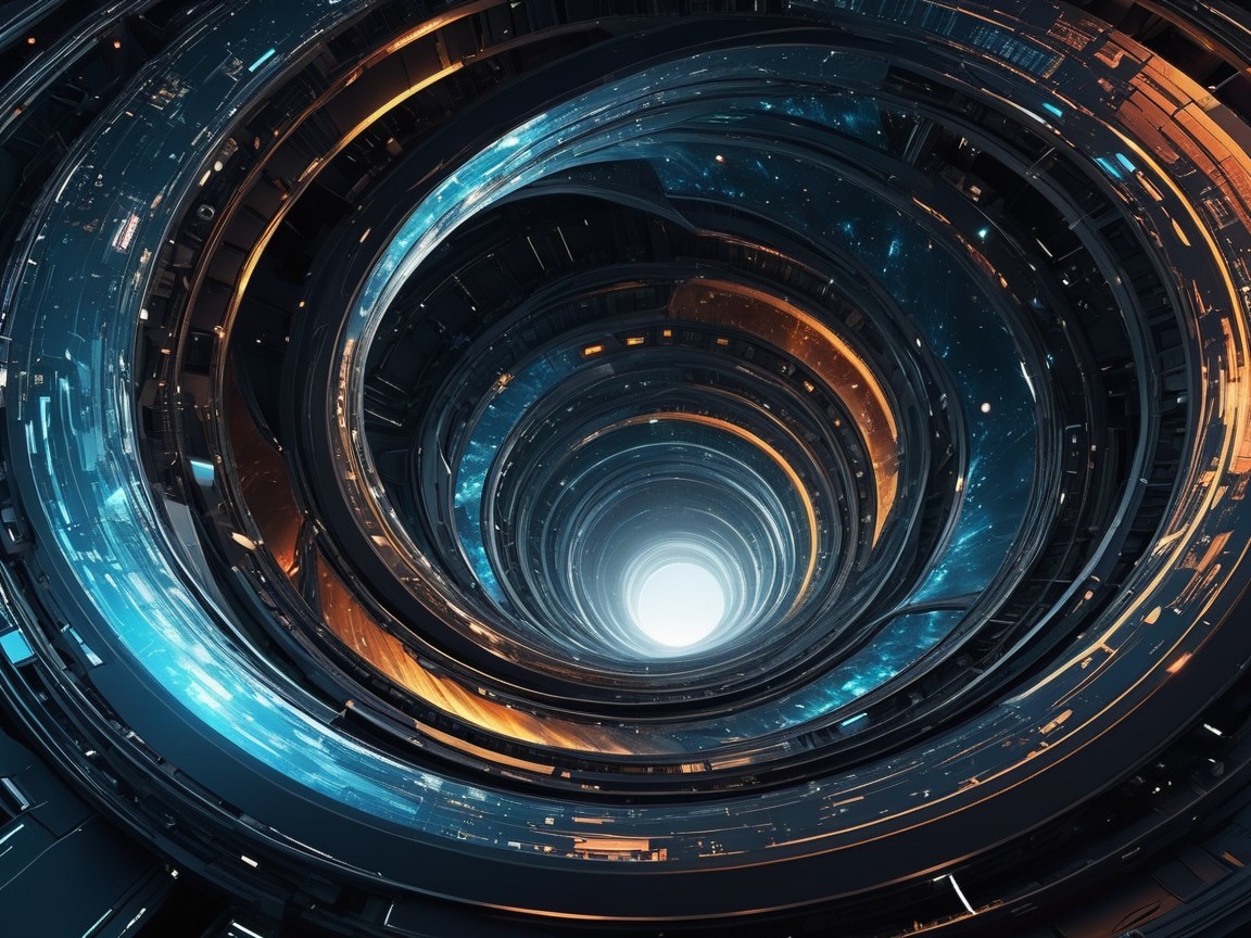 Futuristic Spiral Tunnel with Metallic Structures and Lights