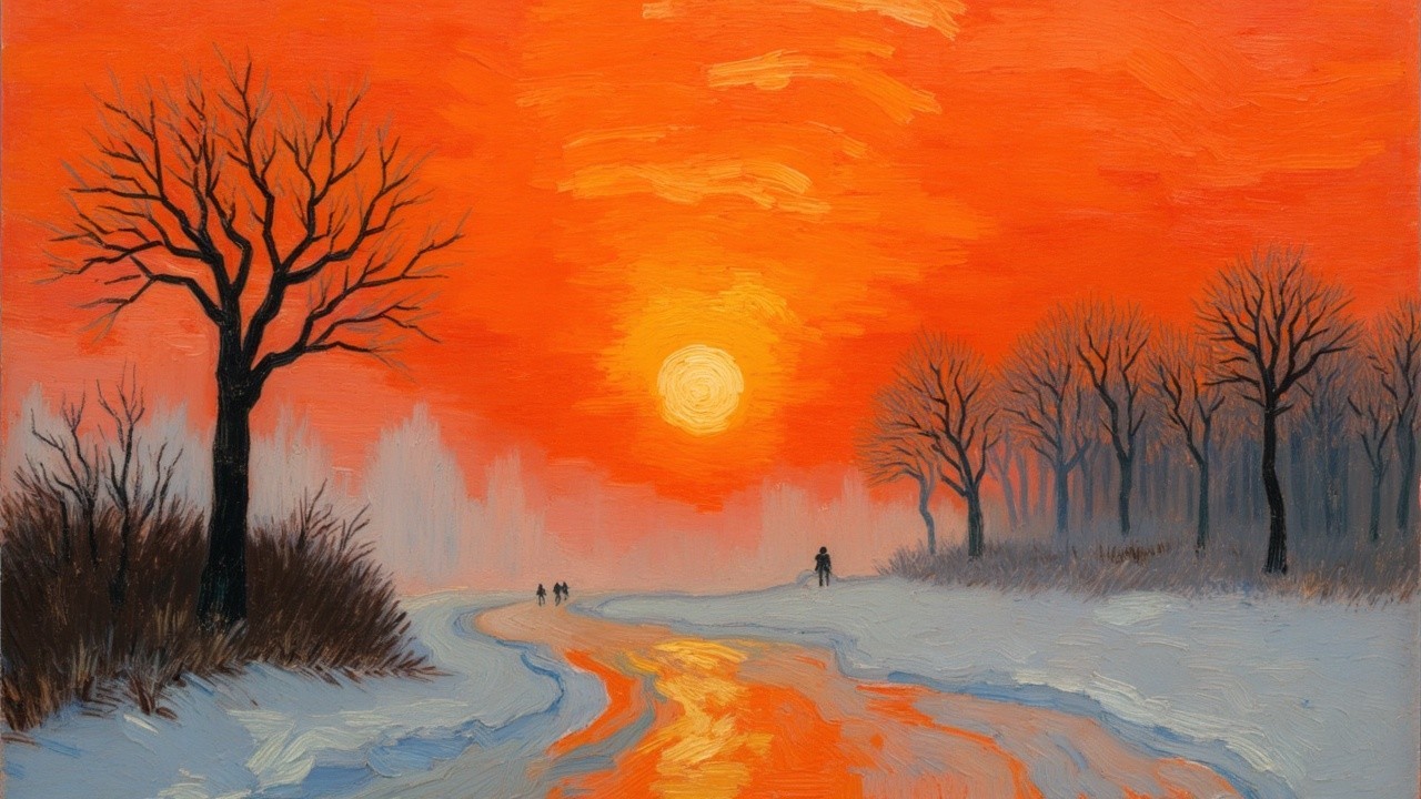 Snowy Pathway Under Vibrant Orange Sunset