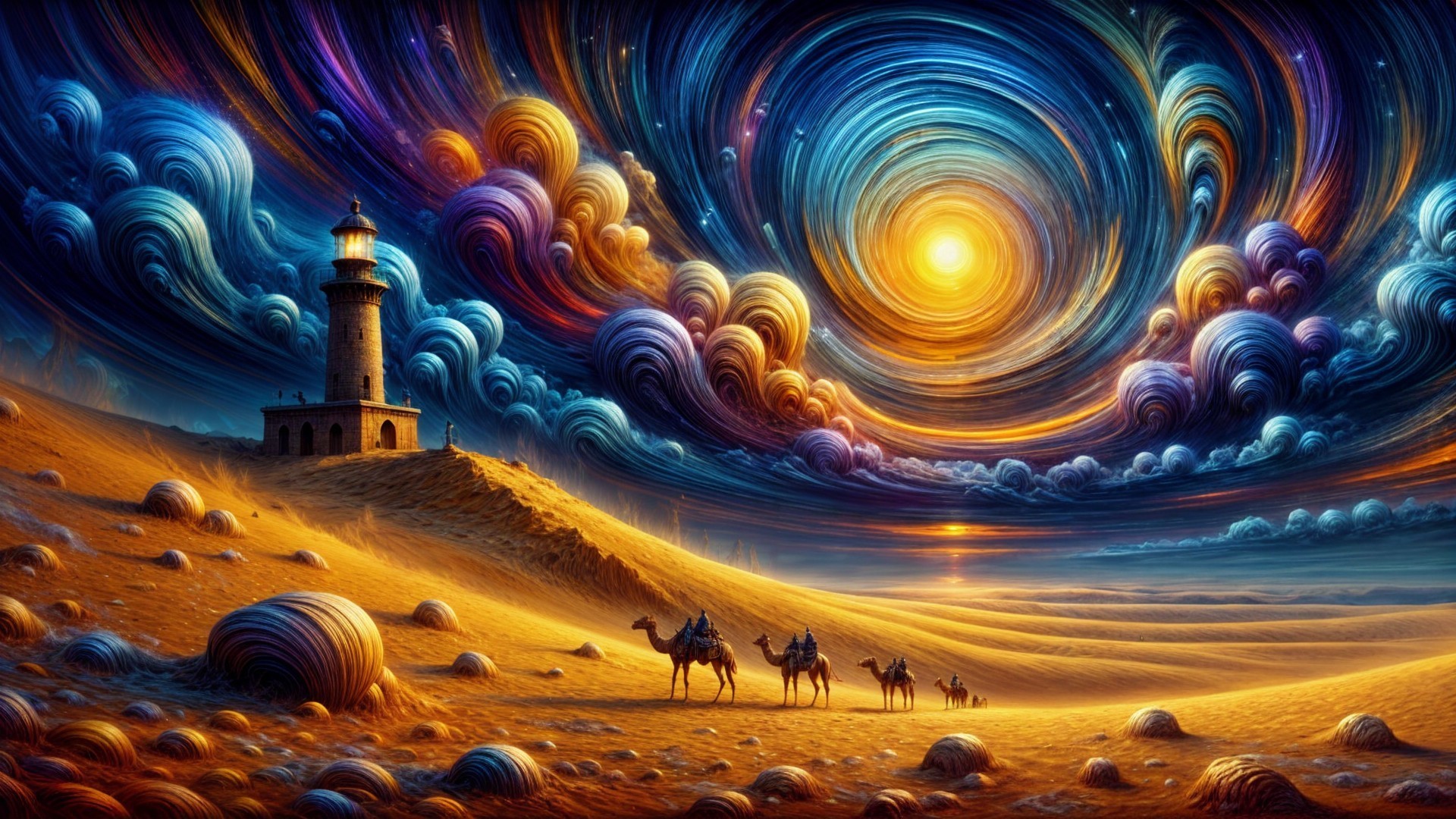 Surreal Landscape with Lighthouse and Camels in Dunes