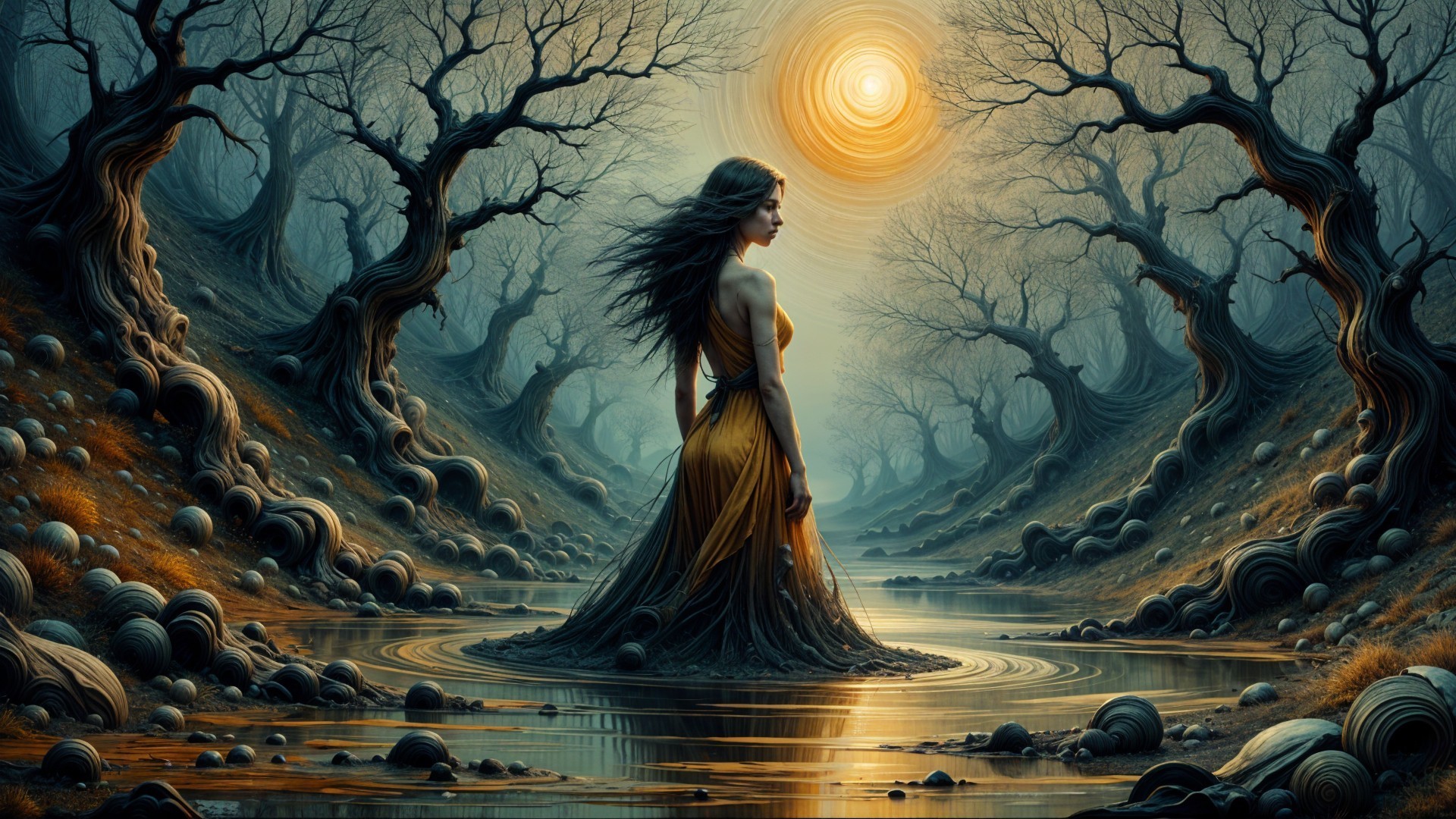 Mysterious Figure in Yellow Dress by Winding Stream