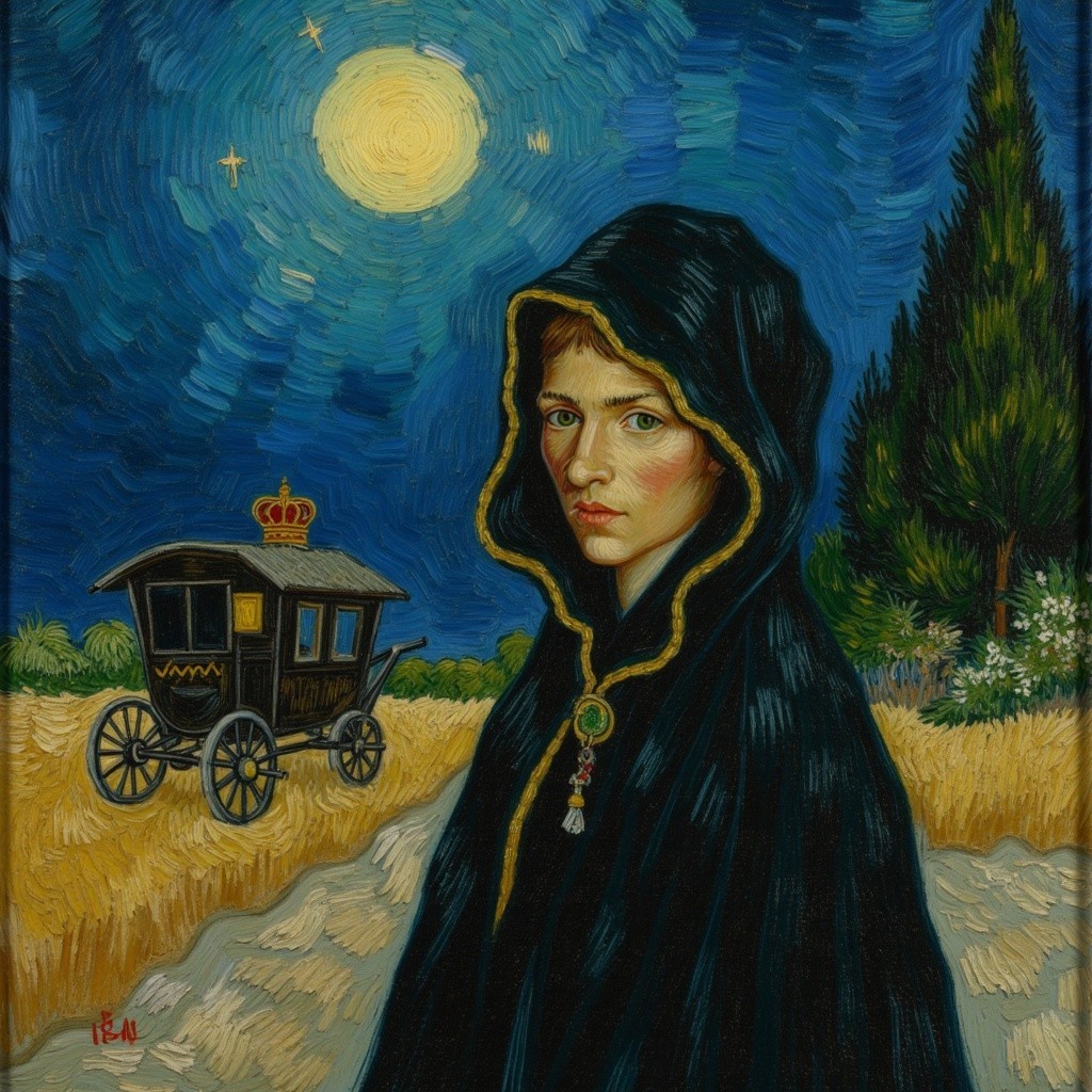 Young figure in hooded cloak under starry night sky