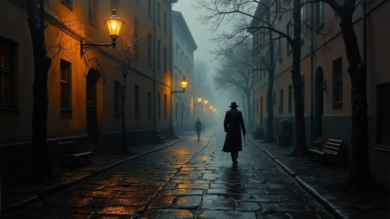 Foggy Cobblestone Street with Antique Streetlamps