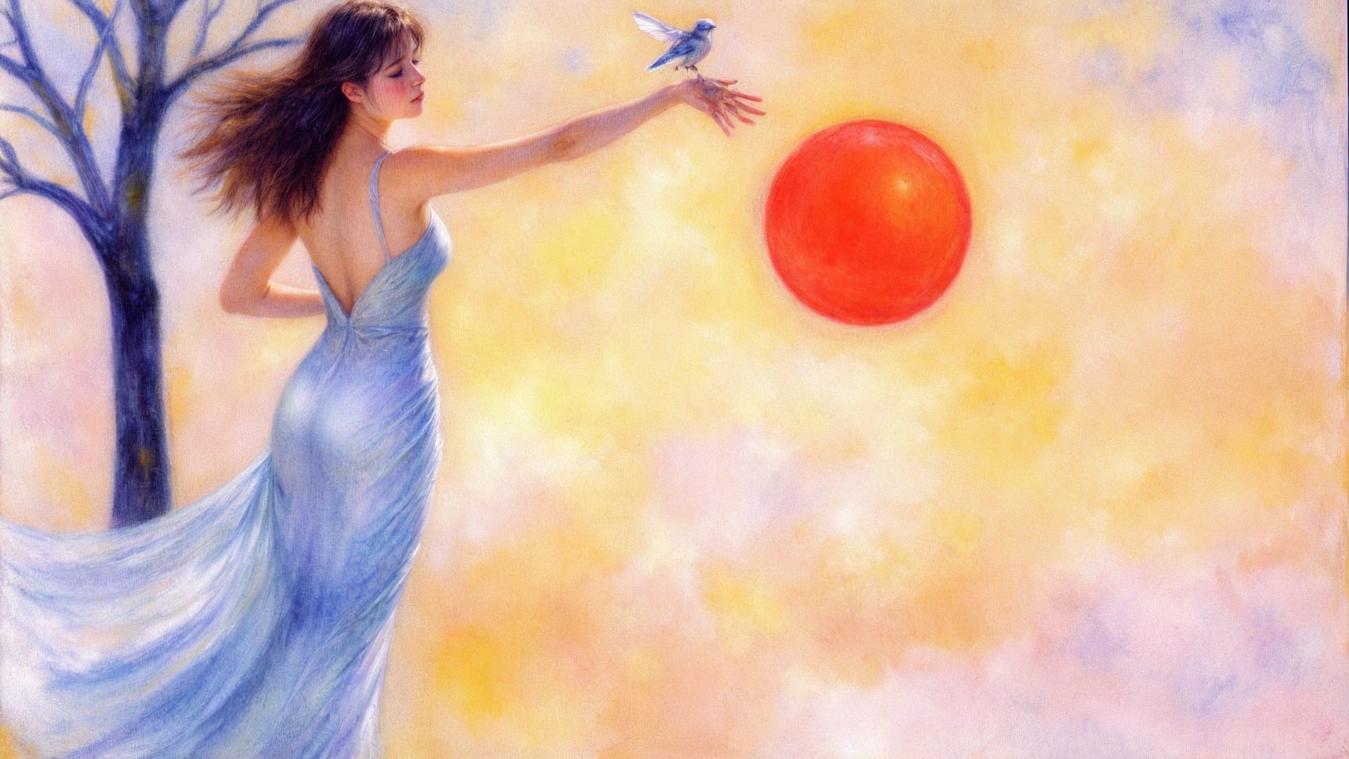 Serene figure in blue gown with bird and sunset backdrop