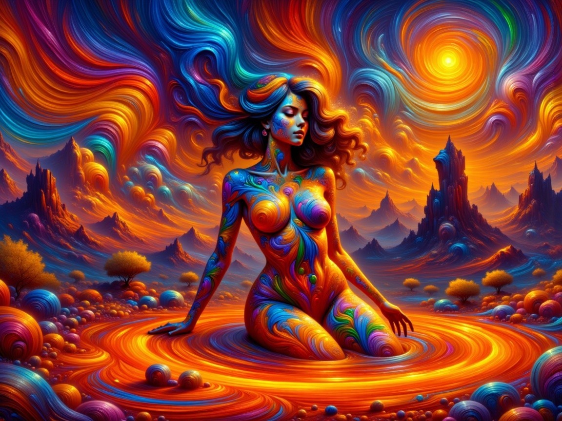 Psychedelic Woman Surrounded by Vibrant Colors and Orbs