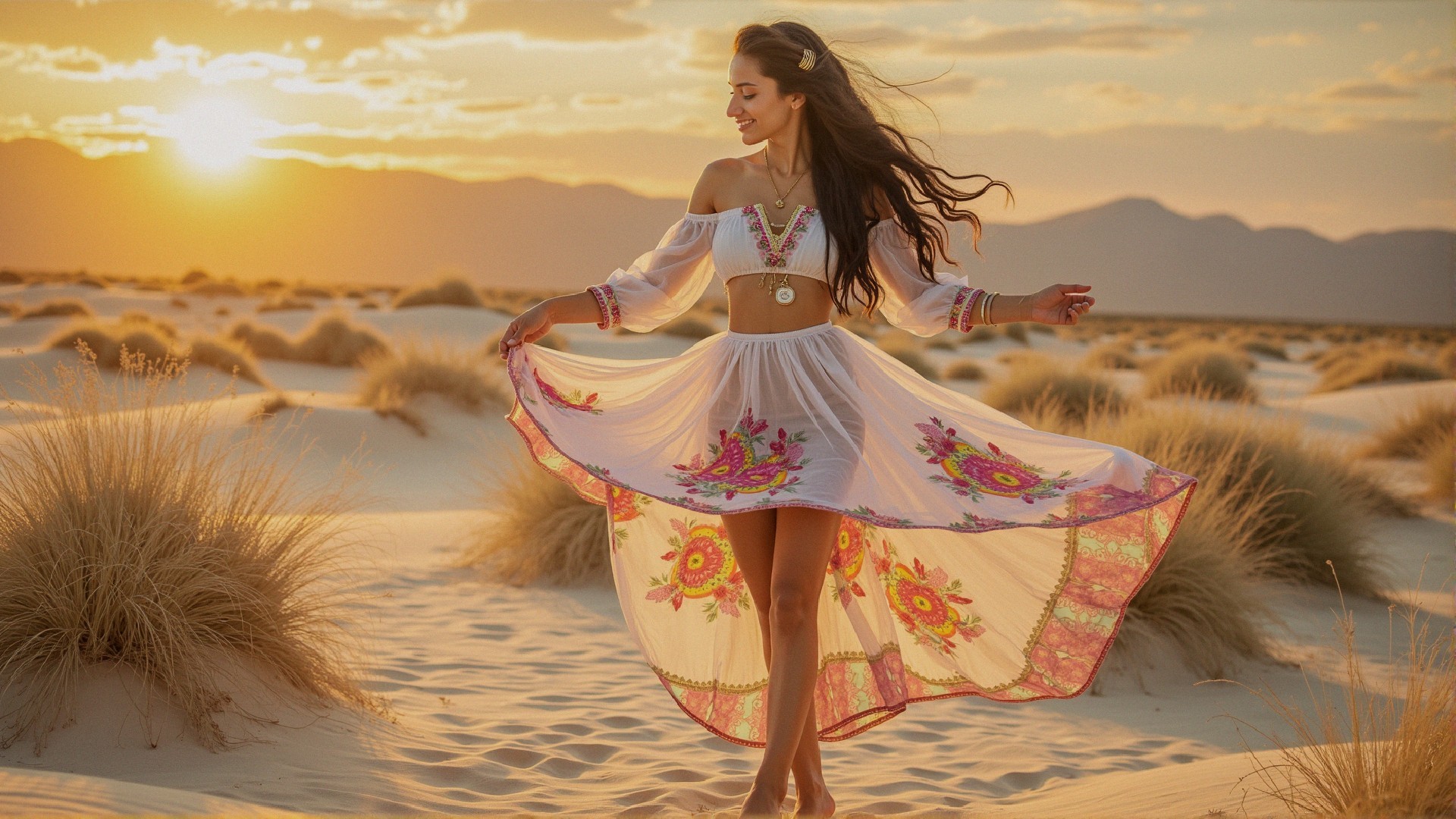 Woman in Boho-Chic Outfit on Desert Sand Dunes
