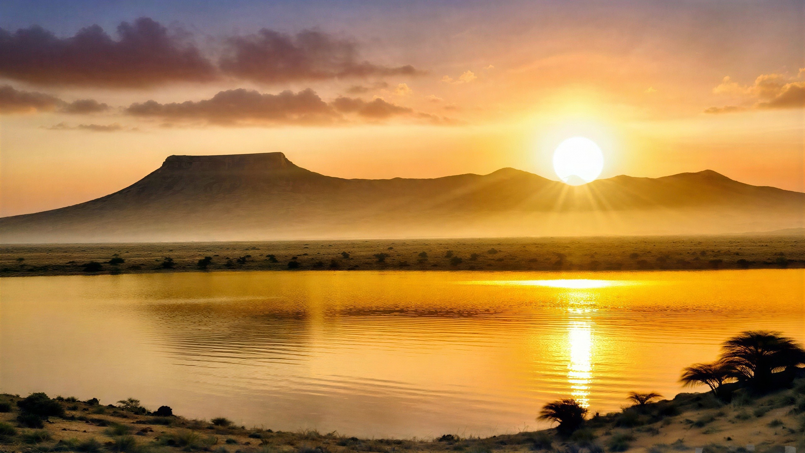Panoramic Sunset Over Water and Mountain Range
