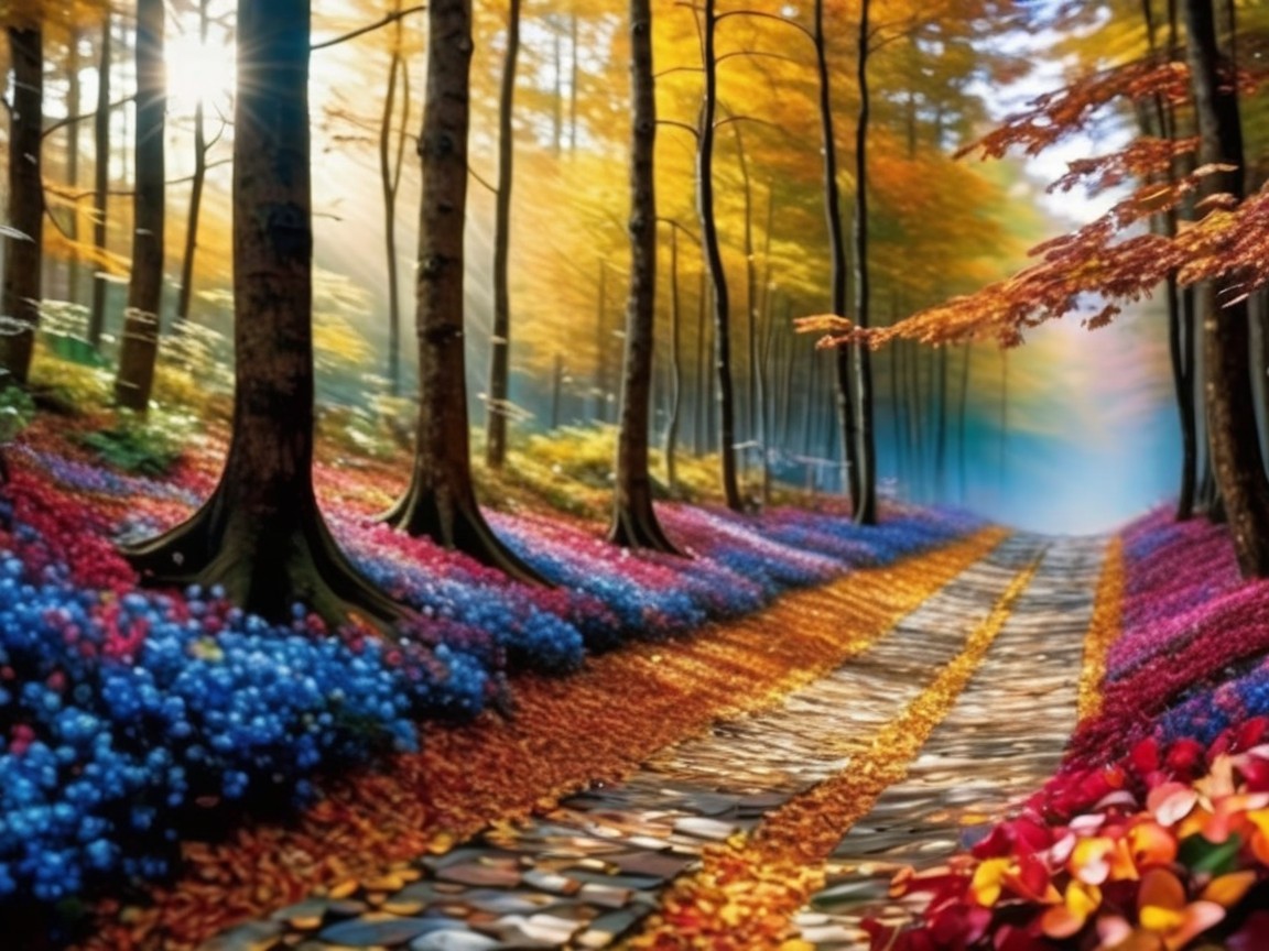 Serene Forest Pathway with Vibrant Autumn Landscape