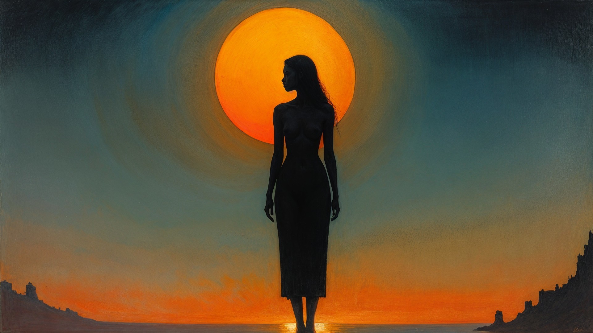 Silhouette of Woman Against Vibrant Sunset Background